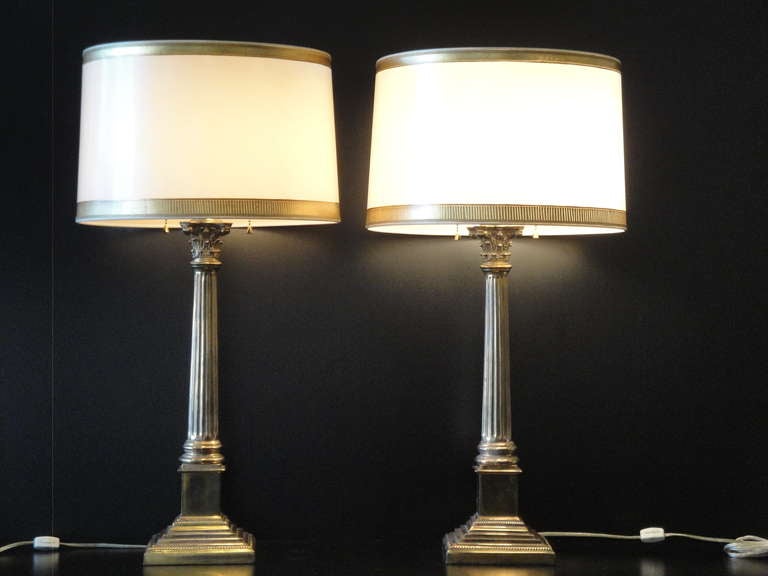 Lovely Pair of Neoclassical Brass Lamps attributed to Stiffel
One lamp shade has damage on the back (please see photo )
