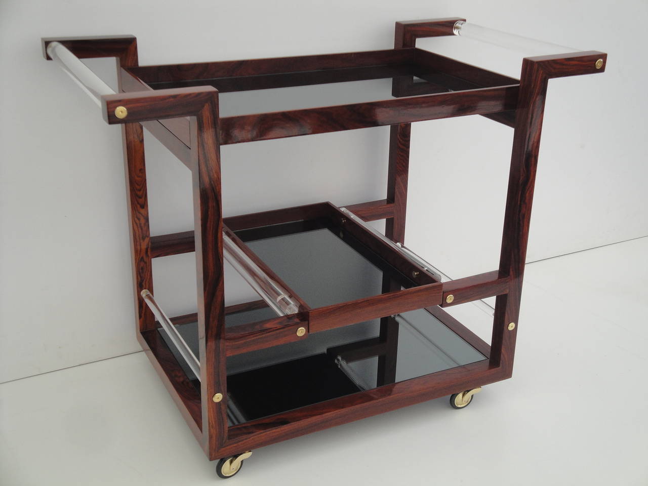 Art Deco Style Solid Rosewood Rolling Bar Cart In Excellent Condition In North Hollywood, CA