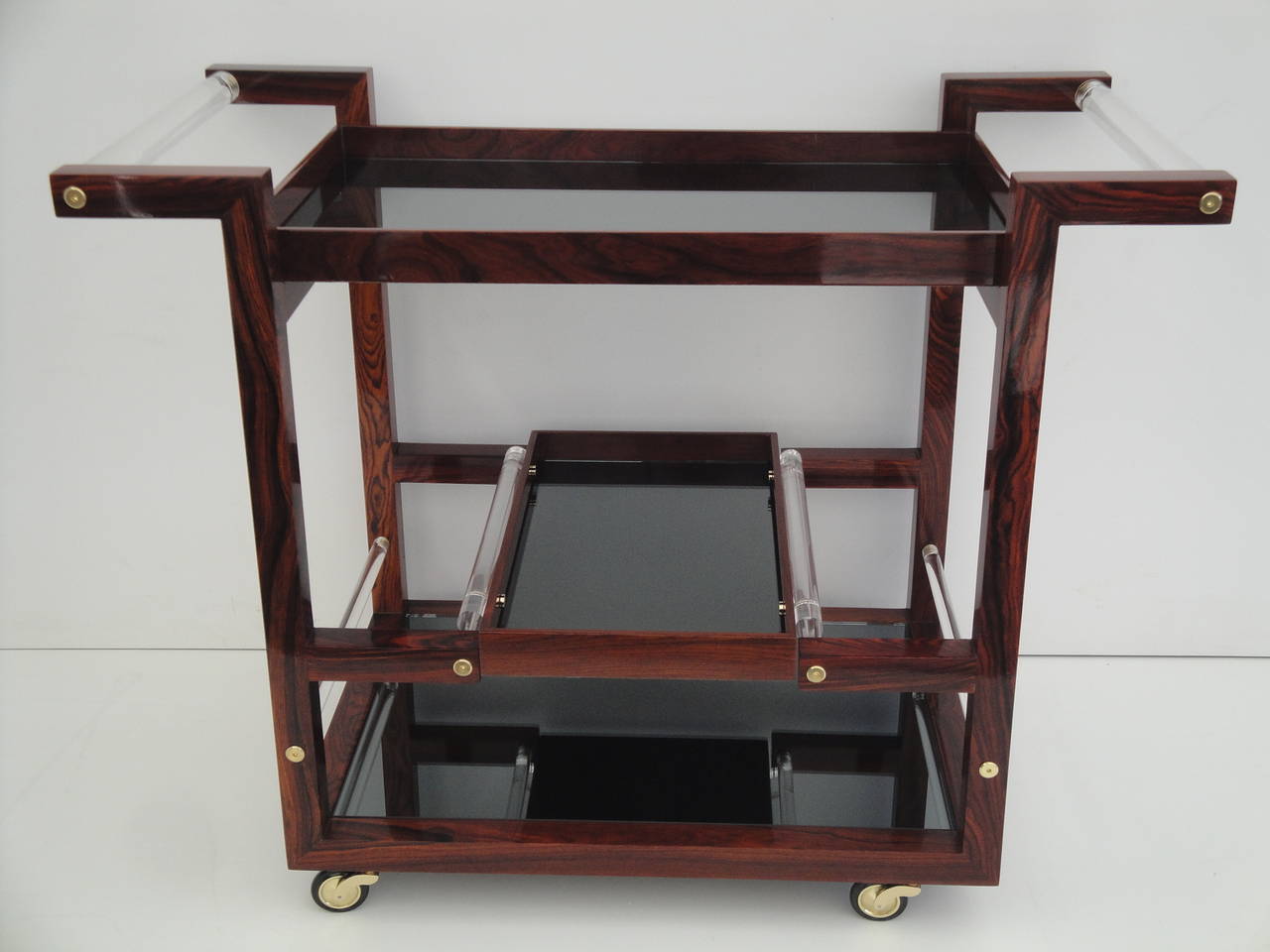 Late 20th Century Art Deco Style Solid Rosewood Rolling Bar Cart