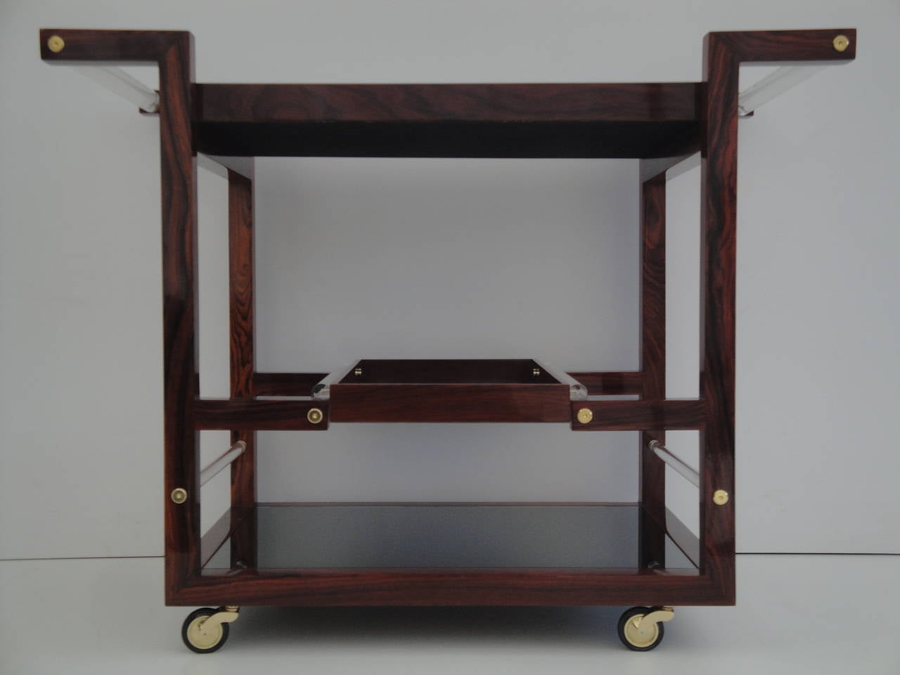 Mirror Art Deco Style Solid Rosewood Rolling Bar Cart