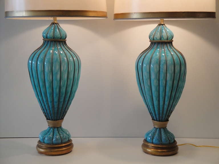 Mid-Century Modern Impressive Pair of Gigantic Turquoise Caged Venetian Murano Lamps by Marbro