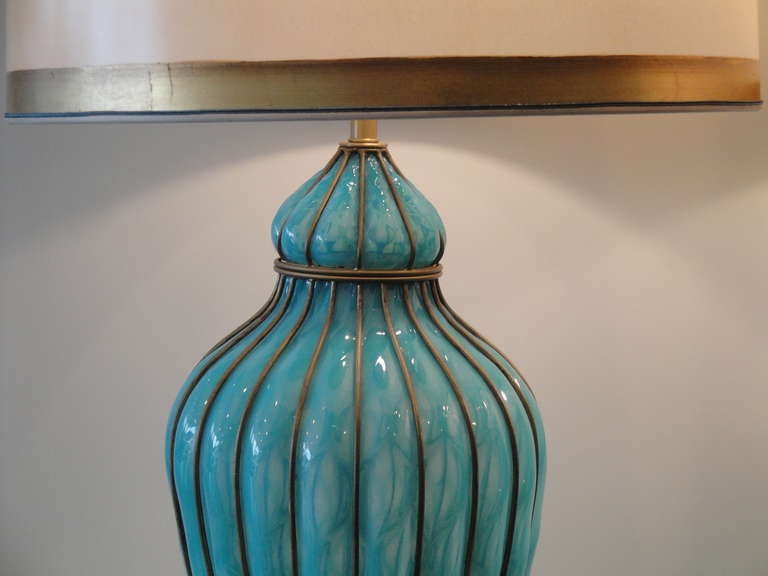 Impressive Pair of Gigantic Turquoise Caged Venetian Murano Lamps by Marbro In Good Condition In North Hollywood, CA