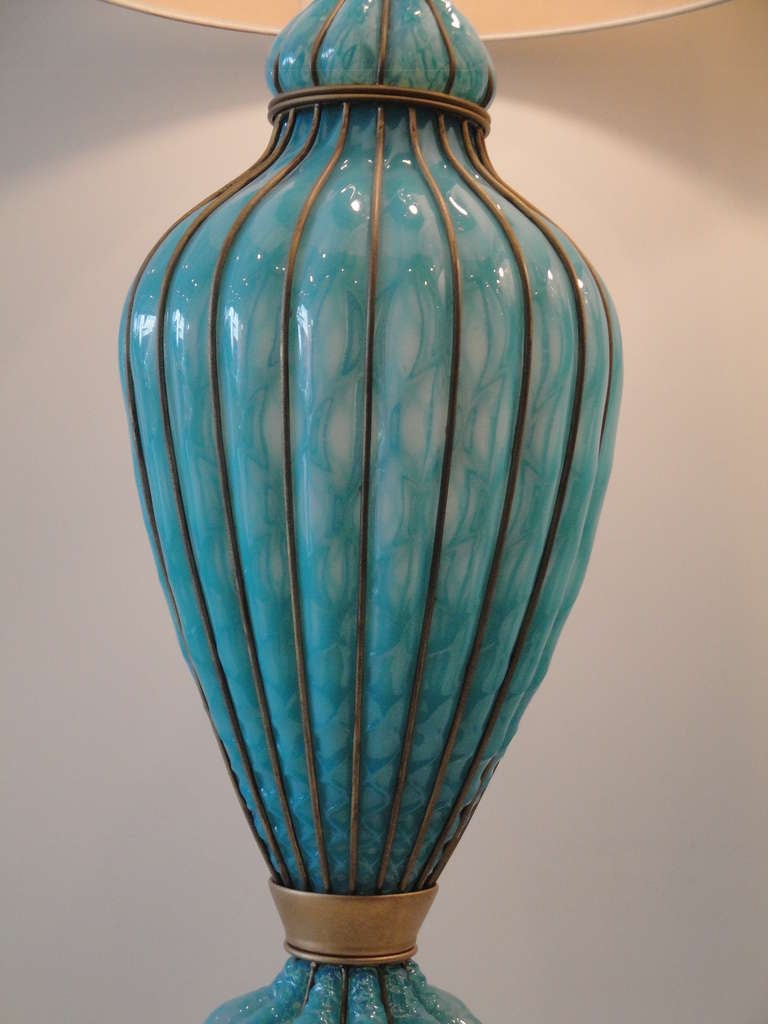 Brass Impressive Pair of Gigantic Turquoise Caged Venetian Murano Lamps by Marbro