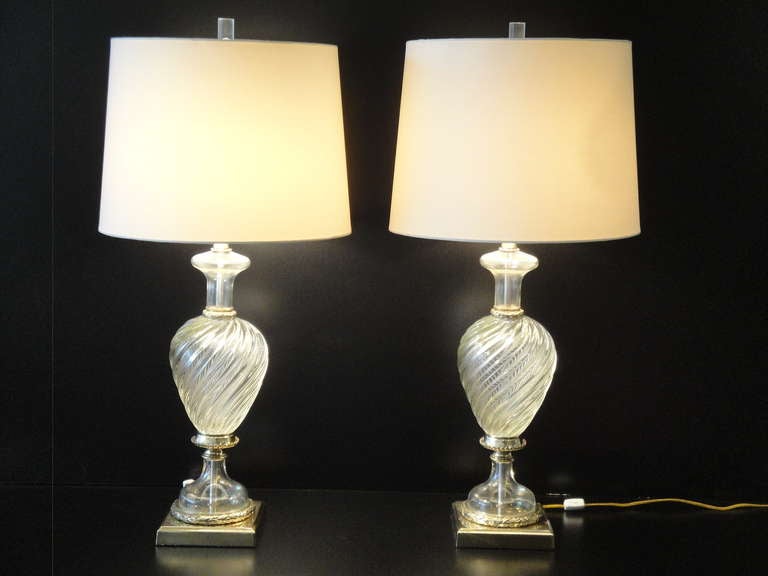 Beautiful pair of Venetian glass lamps by Marbro lamp company
Shades are not included.