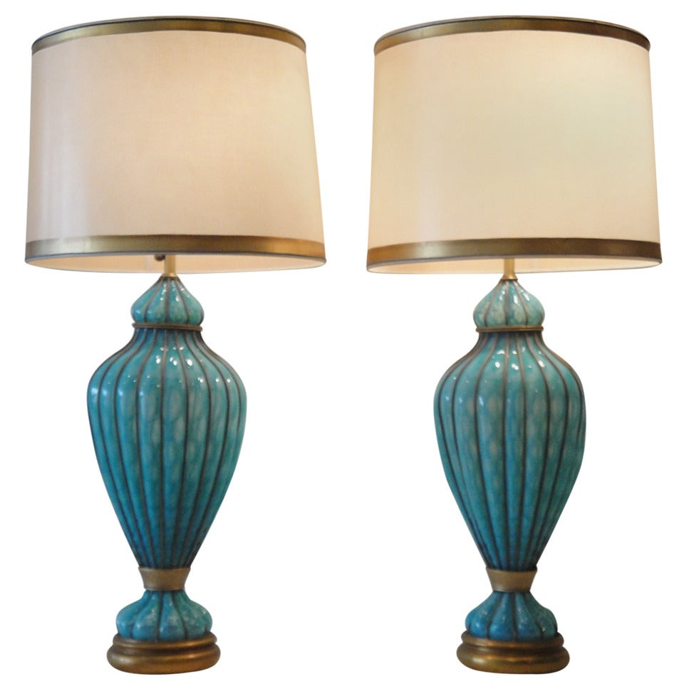 Impressive Pair of Gigantic Turquoise Caged Venetian Murano Lamps by Marbro