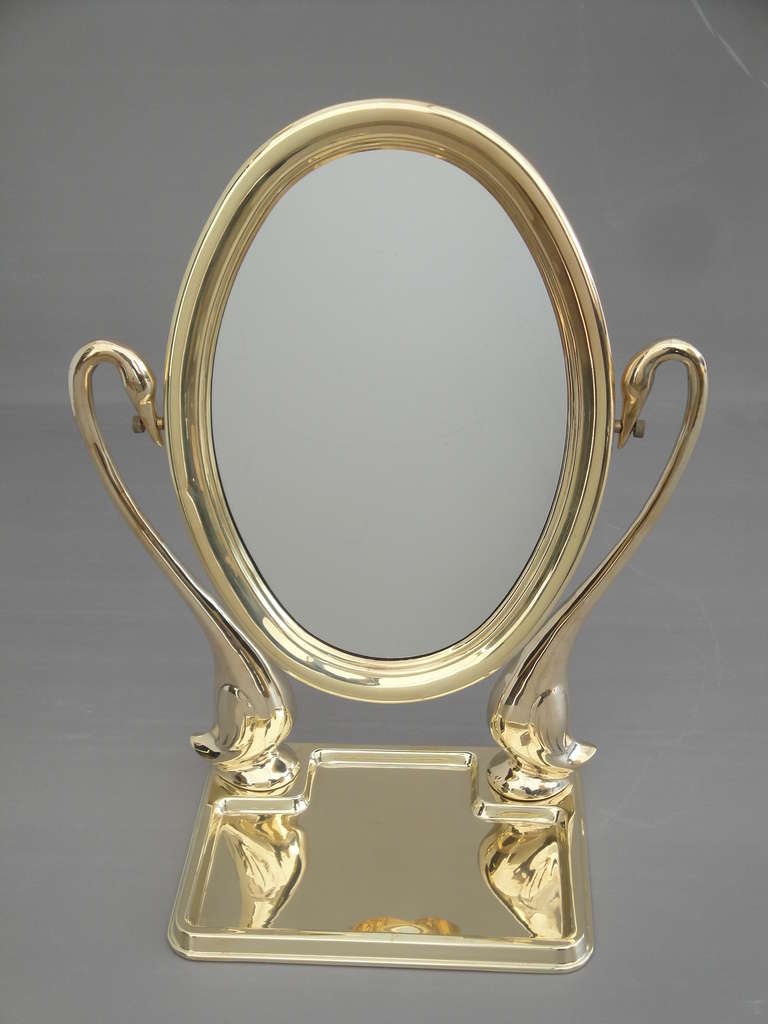 Polished Brass Swan Vanity Mirror In Excellent Condition In North Hollywood, CA