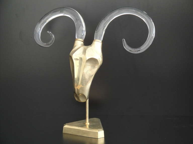 Brass modernist ram sculpture with glass horns in the style of Karl Springer.