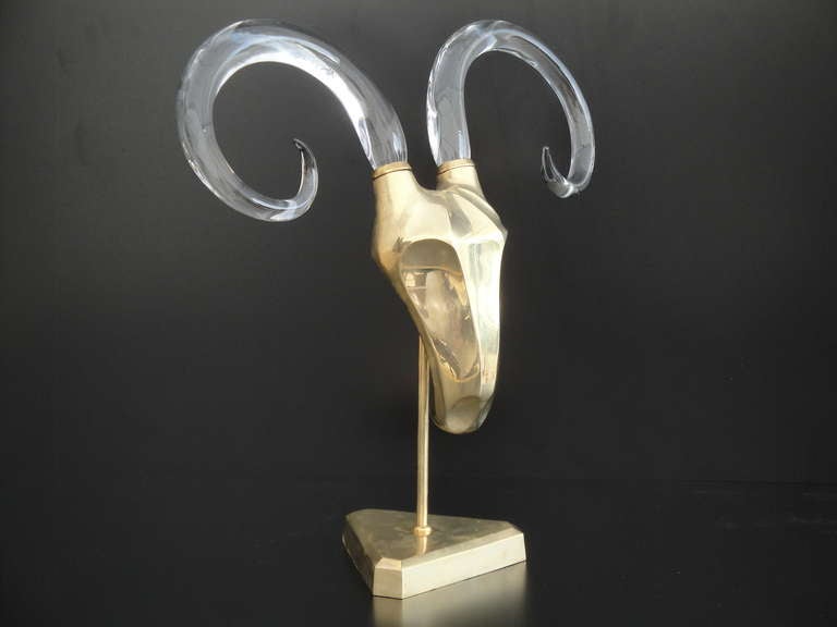 Unknown Brass Modernist Ram Sculpture with Glass Horns in The Style of Karl Springer