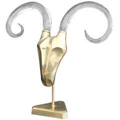 Brass Modernist Ram Sculpture with Glass Horns in The Style of Karl Springer