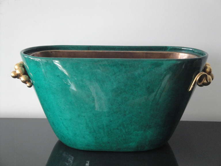 Aldo Tura emerald green parchment beverage cooler / ice bucket