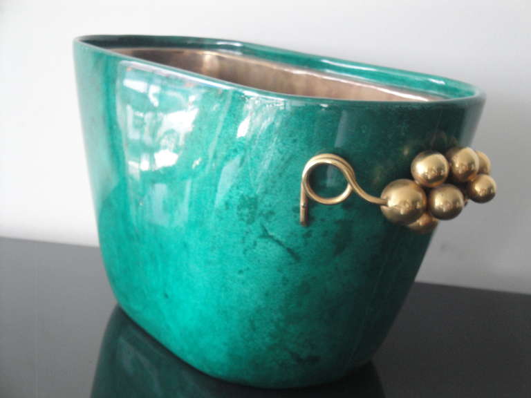 Italian Aldo Tura Emerald Green Parchment Beverage Cooler / Ice Bucket