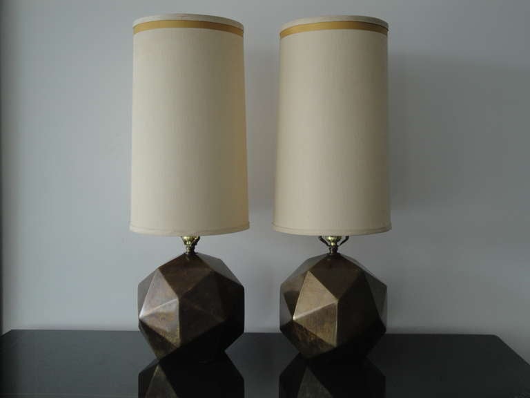 Pair of Westwood industries faceted lamps made of heavy metal in antique bronze finish. Lampshades are not for sale.
Measures: 24