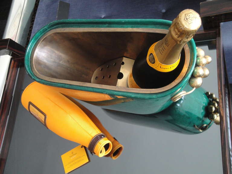 Brass Aldo Tura Emerald Green Parchment Beverage Cooler / Ice Bucket