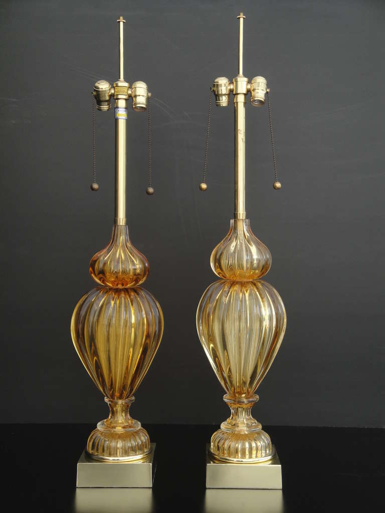 Italian Pair of Golden Amber Murano Lamps by Marbro For Sale