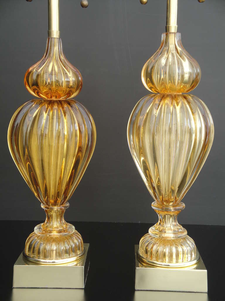 Pair of Golden Amber Murano Lamps by Marbro In Excellent Condition For Sale In North Hollywood, CA