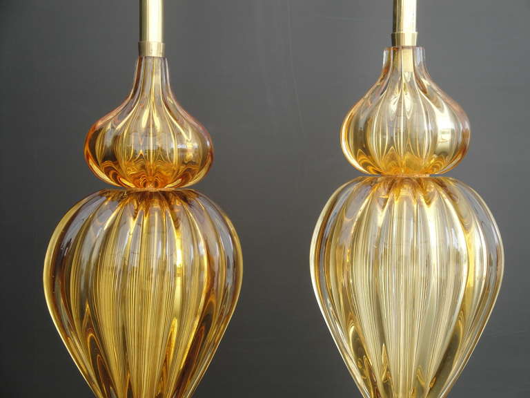 Brass Pair of Golden Amber Murano Lamps by Marbro For Sale