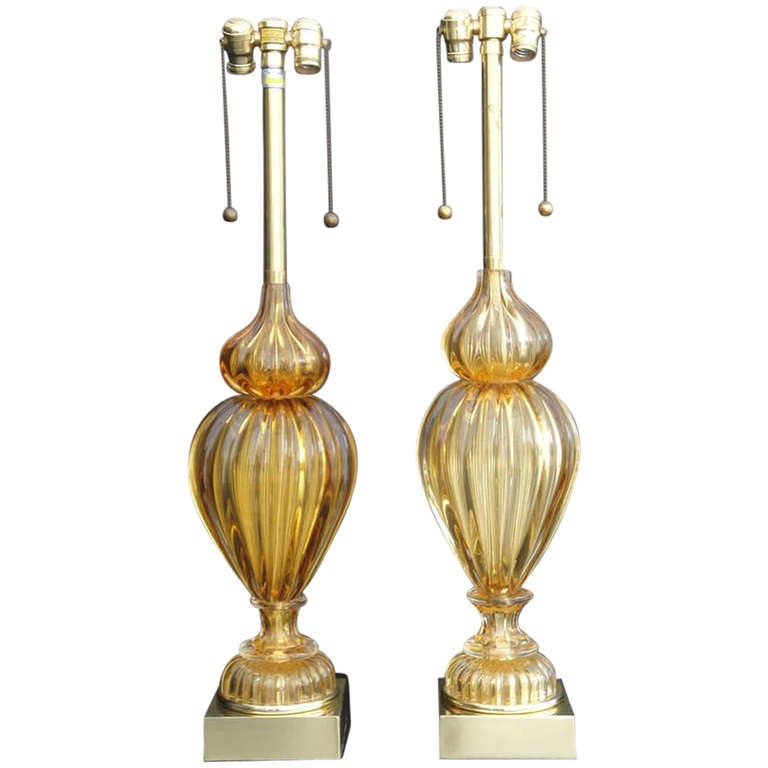 Pair of Golden Amber Murano Lamps by Marbro