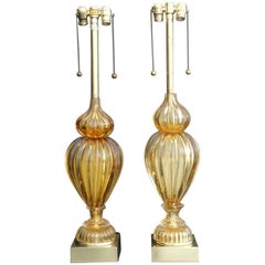 Retro Pair of Golden Amber Murano Lamps by Marbro