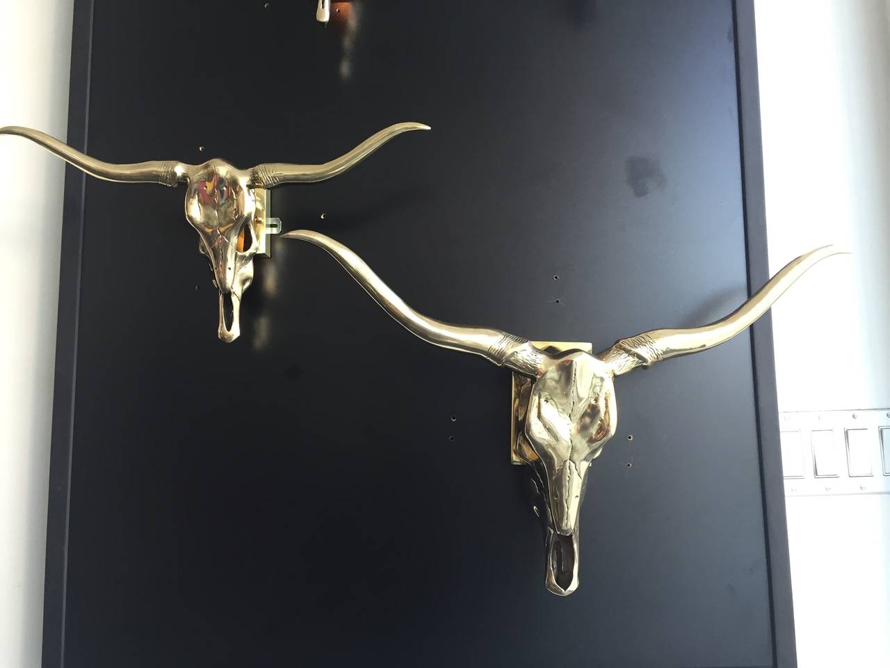 Collection of five polished brass vintage longhorn skulls mounted as wall lamps.
Three large once are about 27