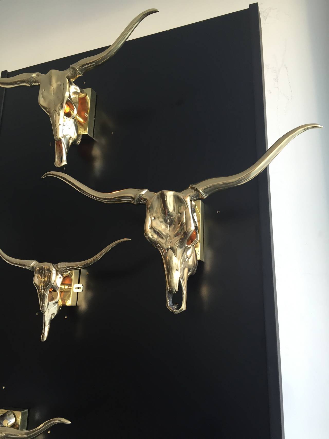 Unknown Collection of Five Polished Brass Longhorn Skulls Mounted as Lamps