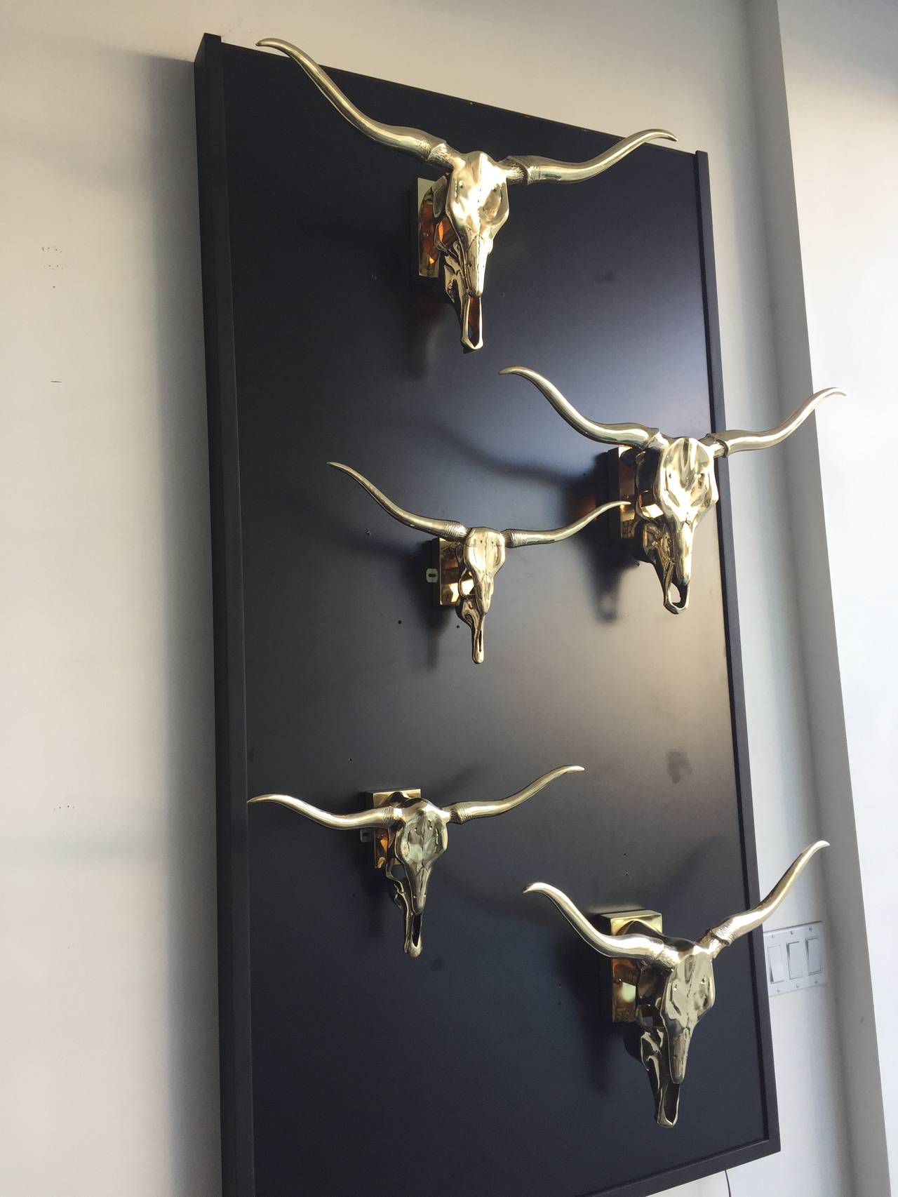 Collection of Five Polished Brass Longhorn Skulls Mounted as Lamps 1