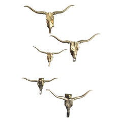 Collection of Five Polished Brass Longhorn Skulls Mounted as Lamps