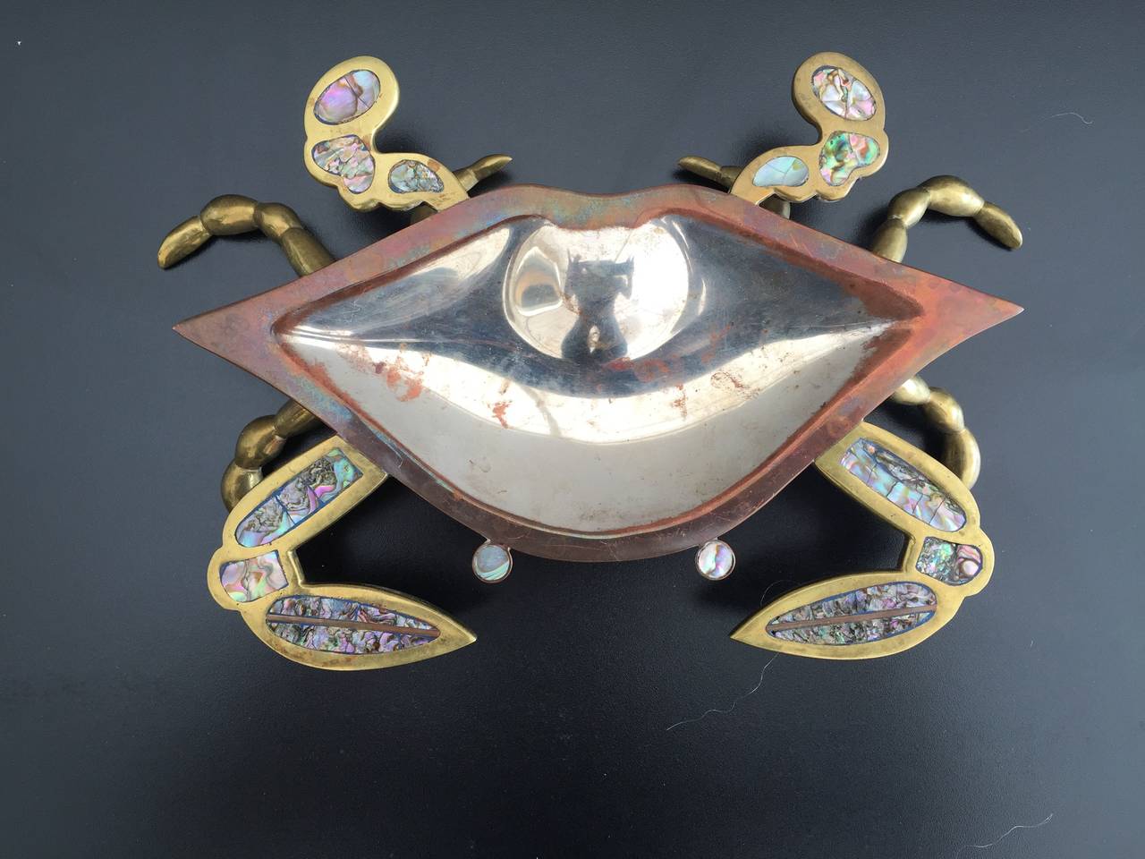 Mexican Brass and Abalone Crab Family Dish Sculpture Attributed to Los Castillos