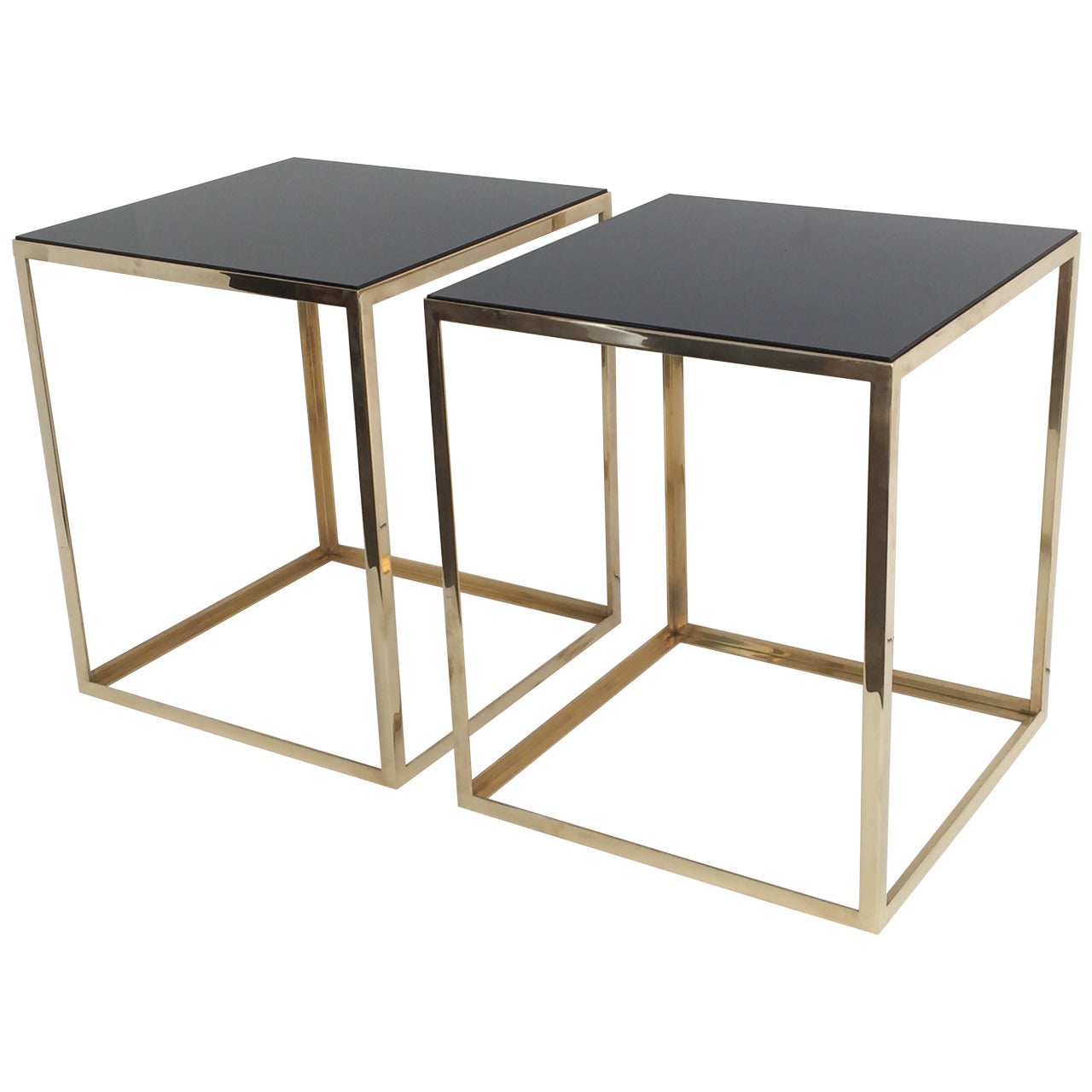 Pair of Brass and Black Glass Cube Tables