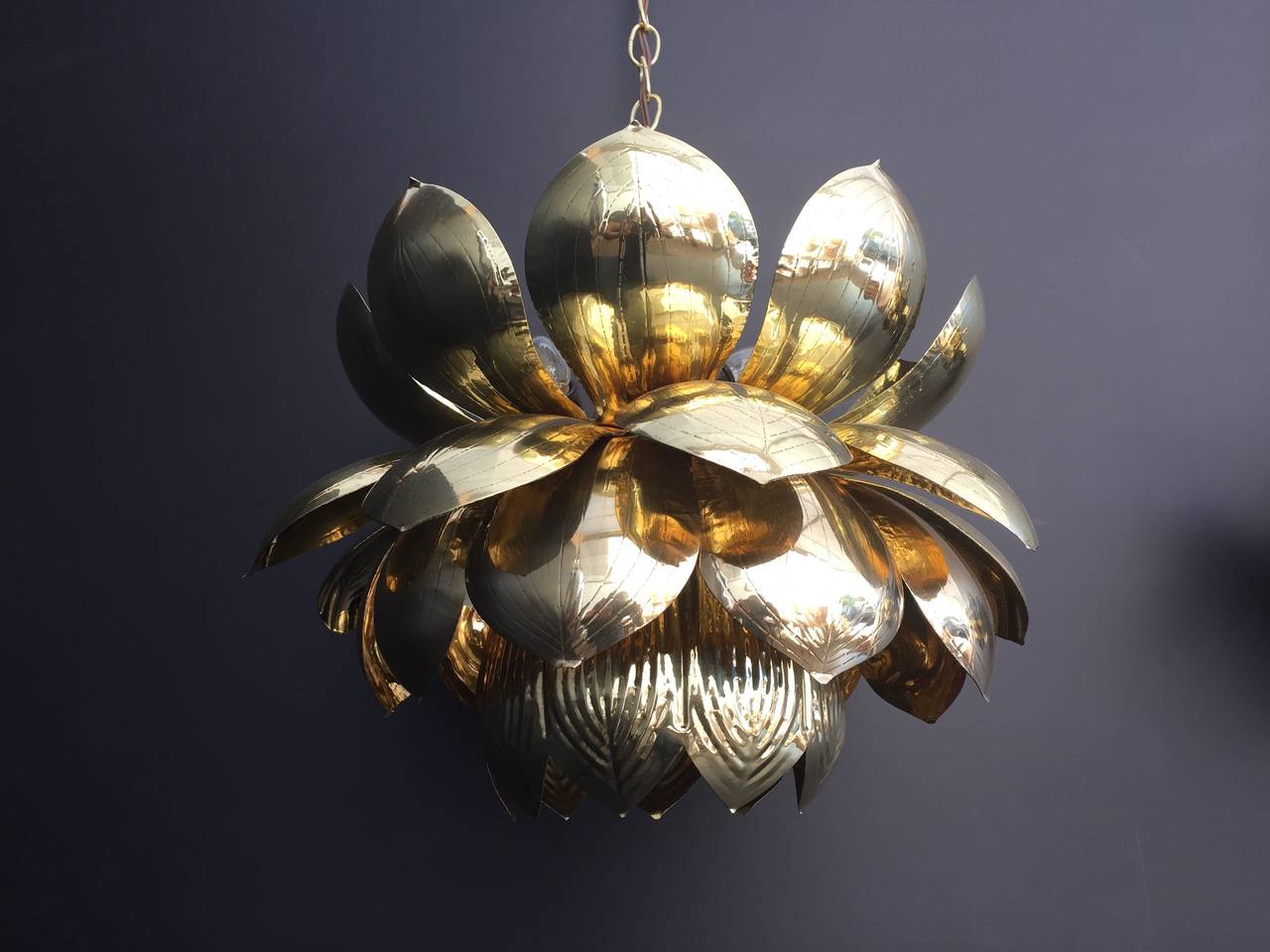 Hollywood Regency Large Brass Lotus Pendant Light by Feldman