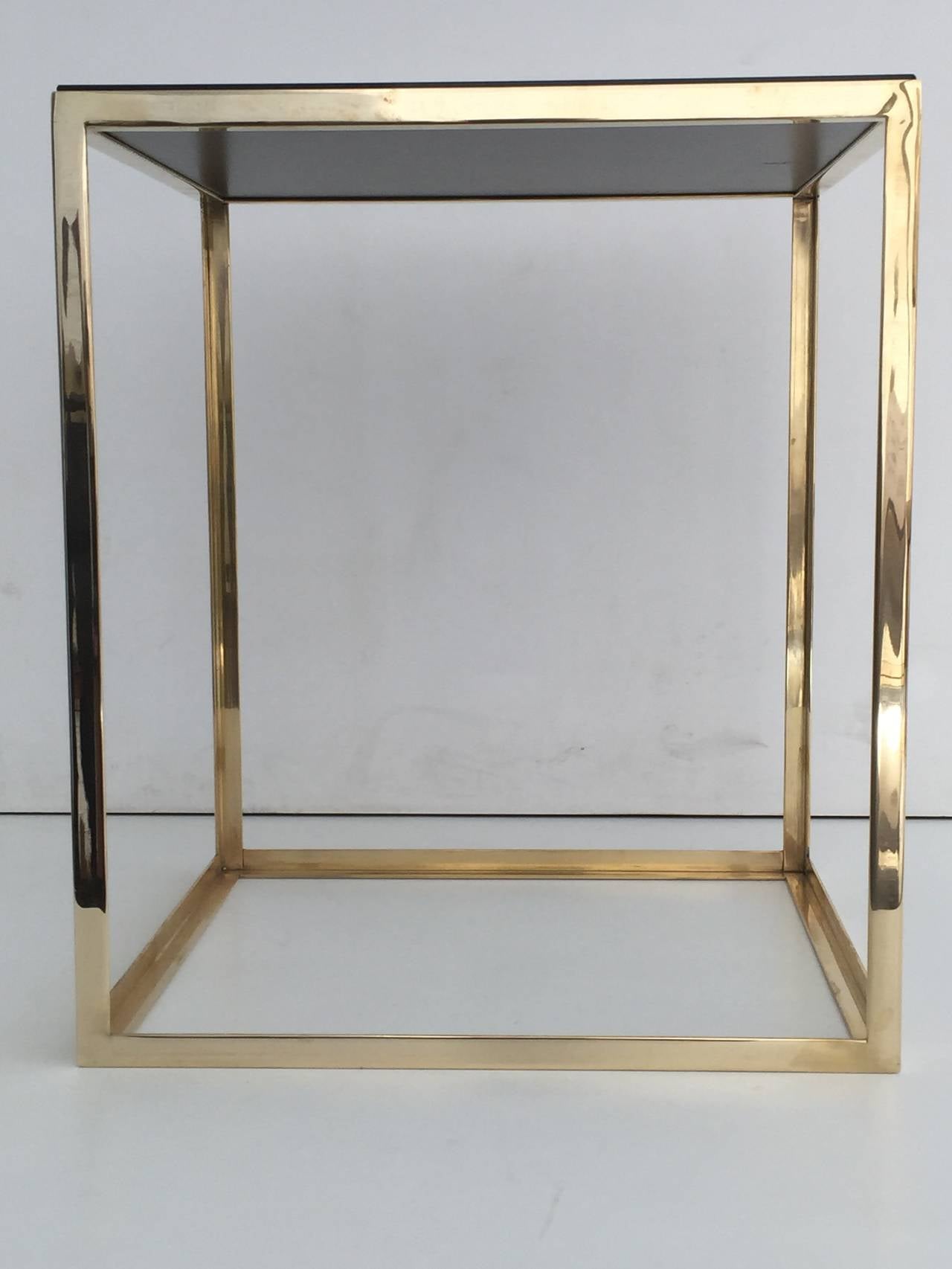 Hollywood Regency Pair of Brass and Black Glass Cube Tables