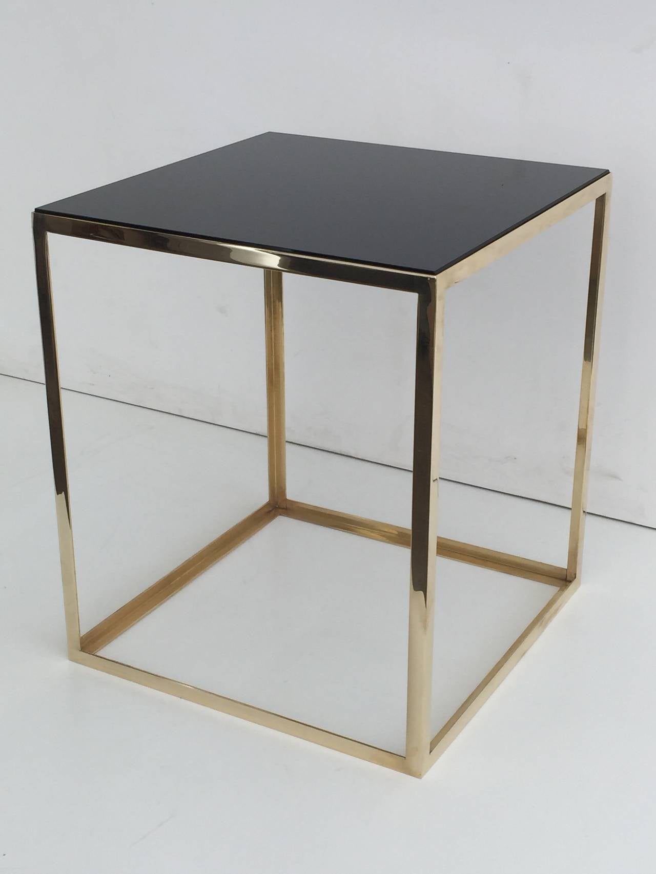 Polished Pair of Brass and Black Glass Cube Tables