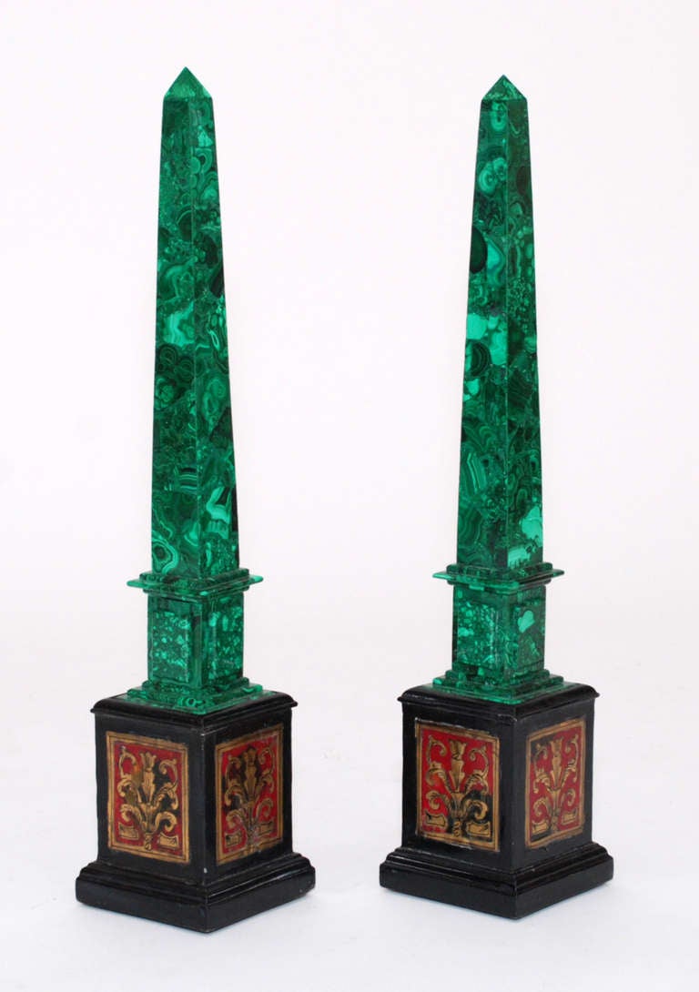 Unknown Pair of Malachite Obelisks on Beautiful Vintage Stand