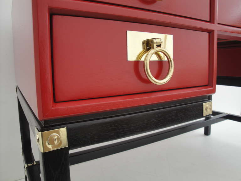 Brass Hollywood Regency Red Campaign Style Desk