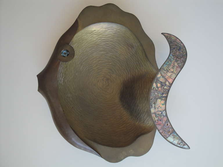  Los Castillo abalone shell and brass fish platter with gorgeous brass patina