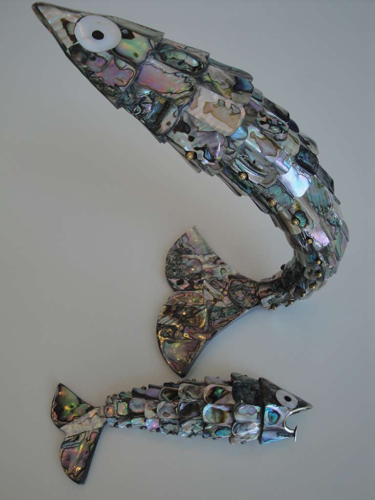 Hollywood Regency Pair of Abalone Shell Fish Sculptures in the Style of Los Castillos