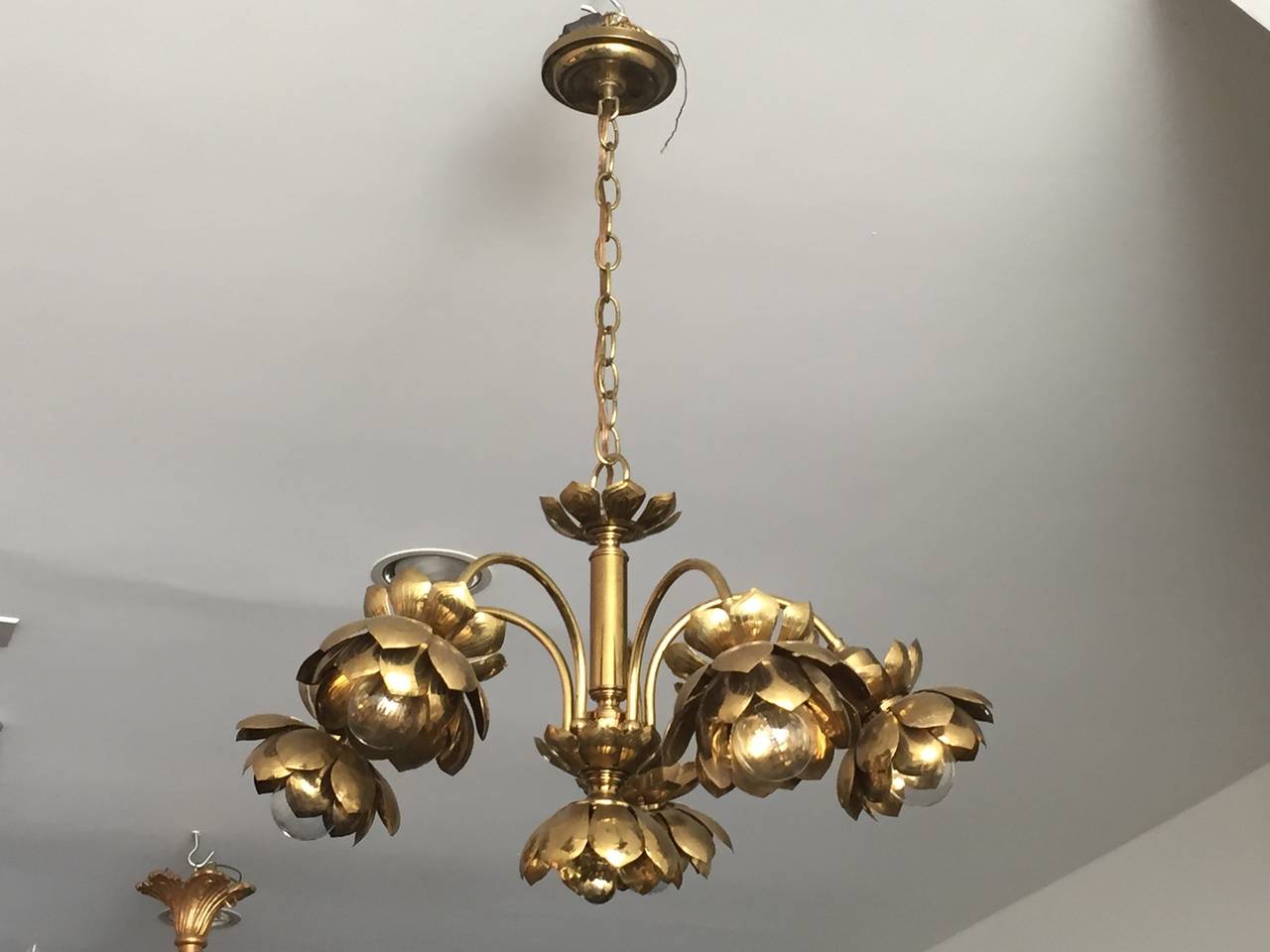 Five-arm brass lotus chandelier by Feldman.
Each lotus is about 6