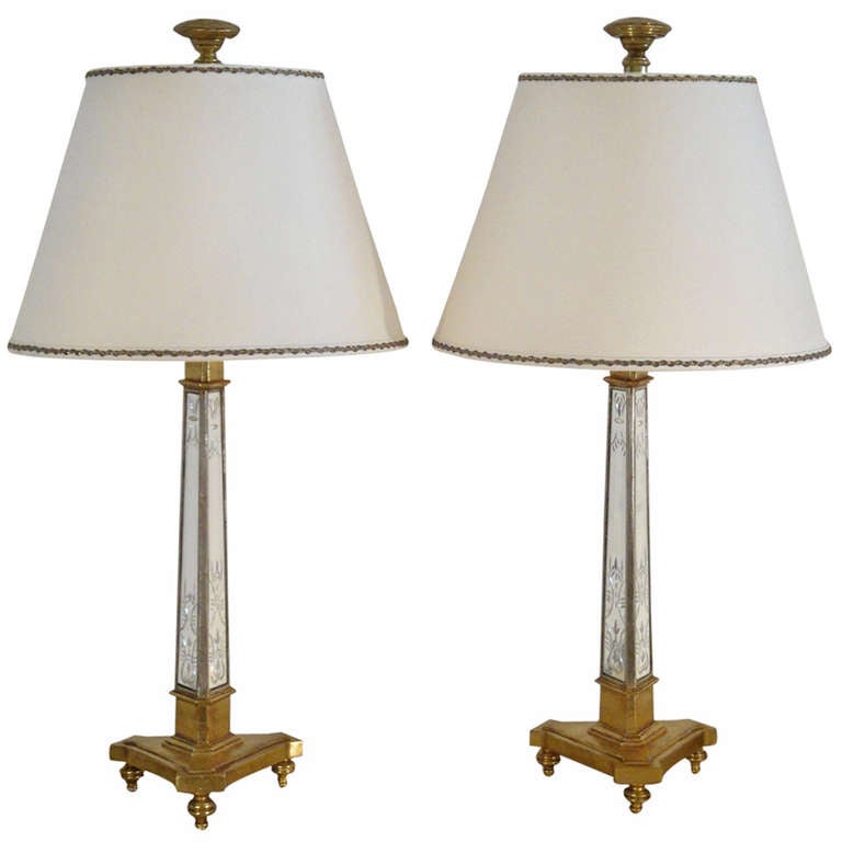 Stunning Pair of Etched Mirror and 22k Gold Leaf Lamps For Sale at 1stdibs