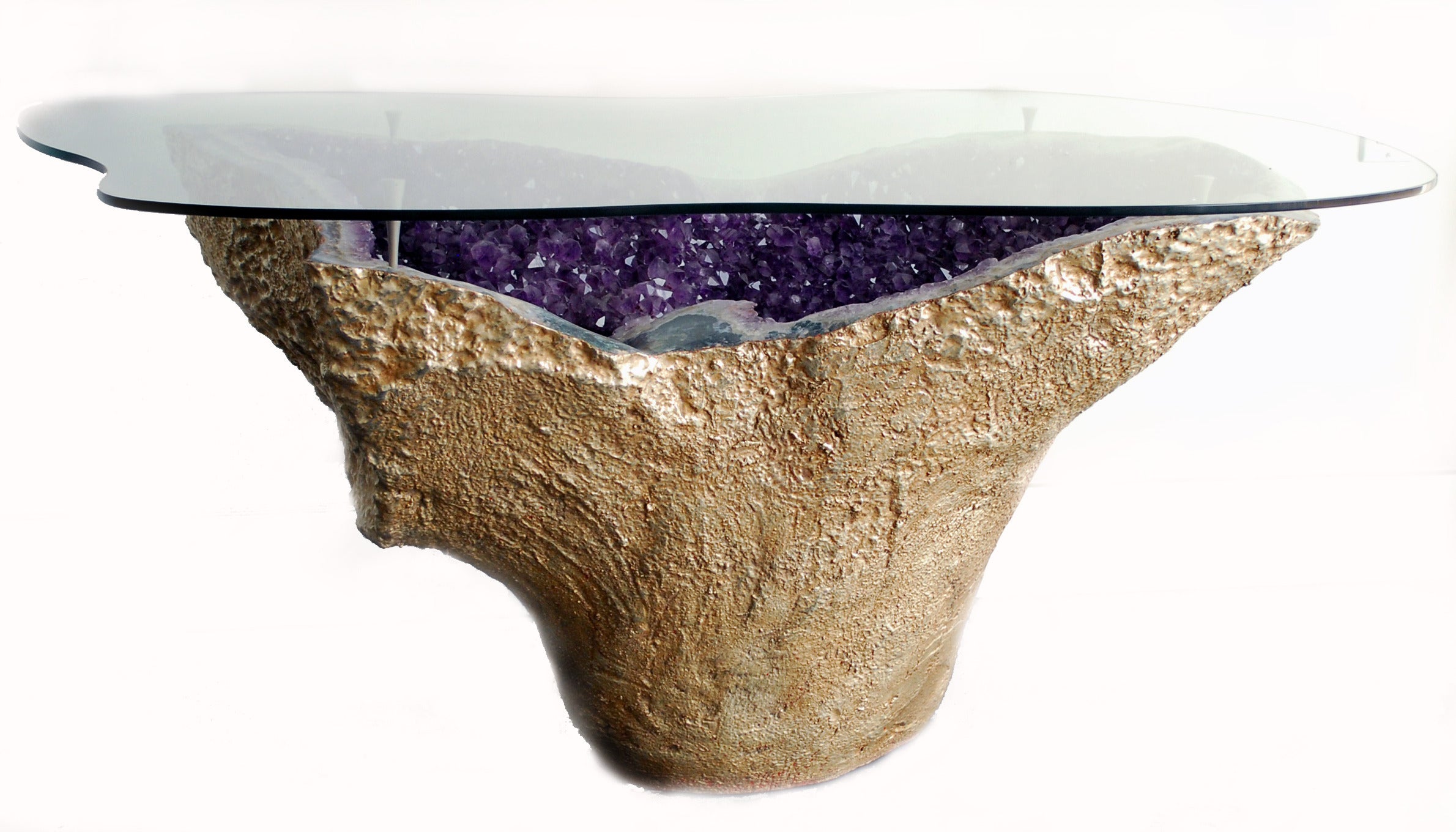 Rare Amethyst Geode Table Gilded 18-Karat Gold with Custom Cut to Form Glass
