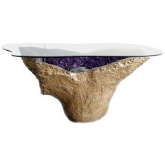 Rare Amethyst Geode Table Gilded 18-Karat Gold with Custom Cut to Form Glass