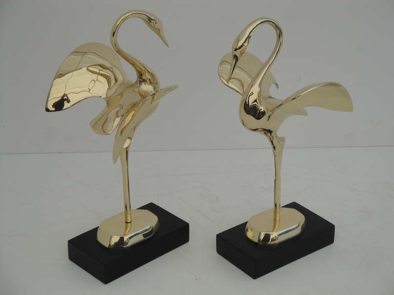 Pair of Decorative Polished Brass Modernist Cranes In Excellent Condition In North Hollywood, CA