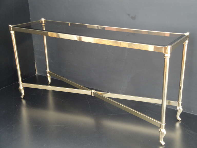 La Barge brass plated console/sofa table with smoke glass top