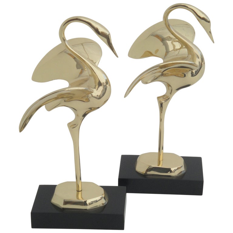 Pair of Decorative Polished Brass Modernist Cranes For Sale at 1stDibs