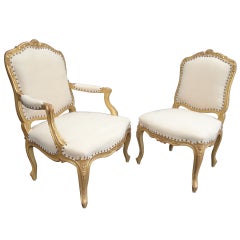 French Louis XV Style Gilt His and Her Chairs