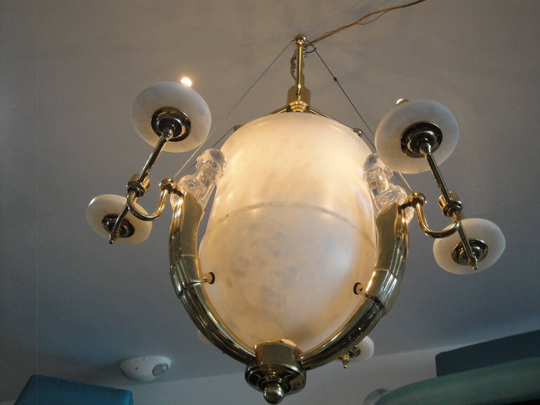 Alabaster and Brass Art Deco Style Chandelier In Excellent Condition For Sale In North Hollywood, CA