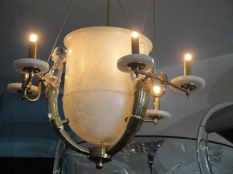 Alabaster and Brass Art Deco Style Chandelier For Sale 4