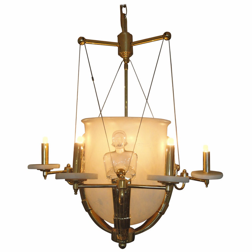 Alabaster and Brass Art Deco Style Chandelier