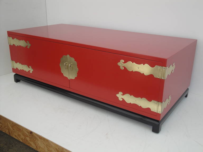 Hollywood Regency Red Lacquered and Brass Coffee Table or Cabinet