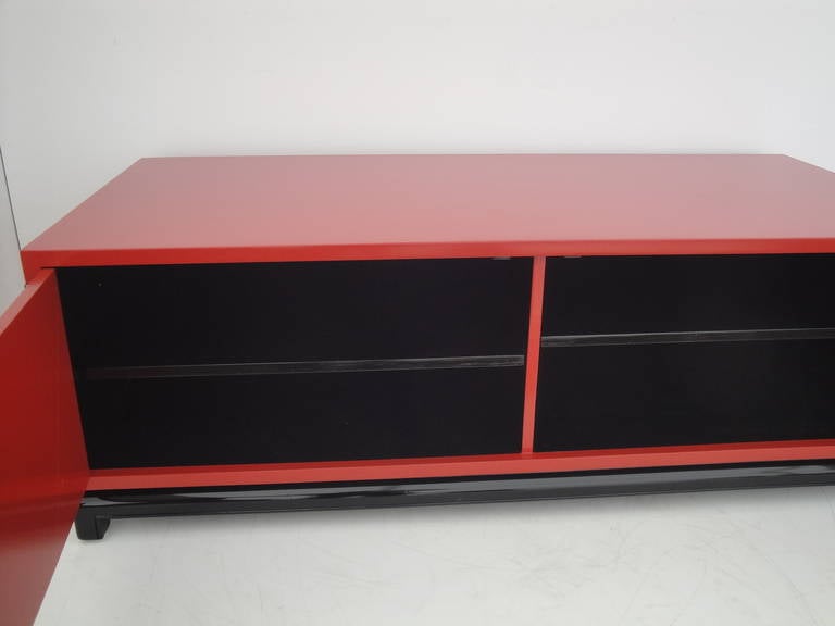 Hollywood Regency Red Lacquered and Brass Coffee Table or Cabinet 4