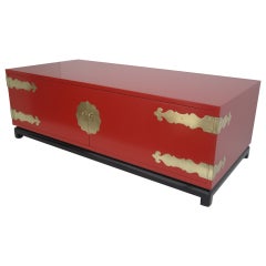 Vintage Hollywood Regency Red Lacquered and Brass Coffee Table or Cabinet