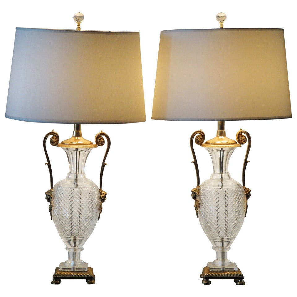 Pair of Bronze and Cut Crystal Neoclassical Lamps